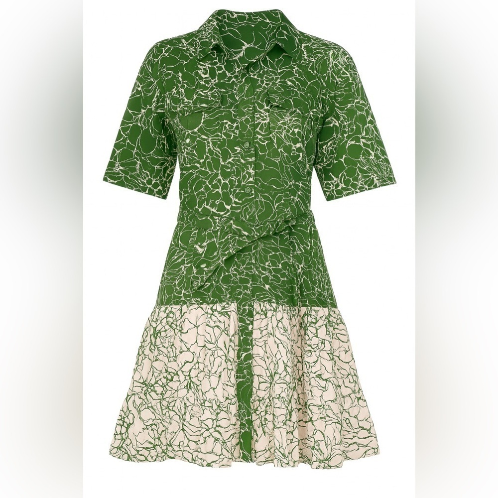 Tanya Taylor belted mini dress camo collar green ivory short sleeves button down